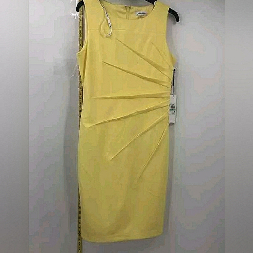 NEW Calvin Klein Yellow Sleeveless Round Neck Ruched Sheath Dress Size 8